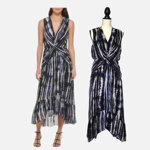 DKNY NWT Twist Front Chiffon Maxi Dress Blue Black Tie Dye Print Size 4